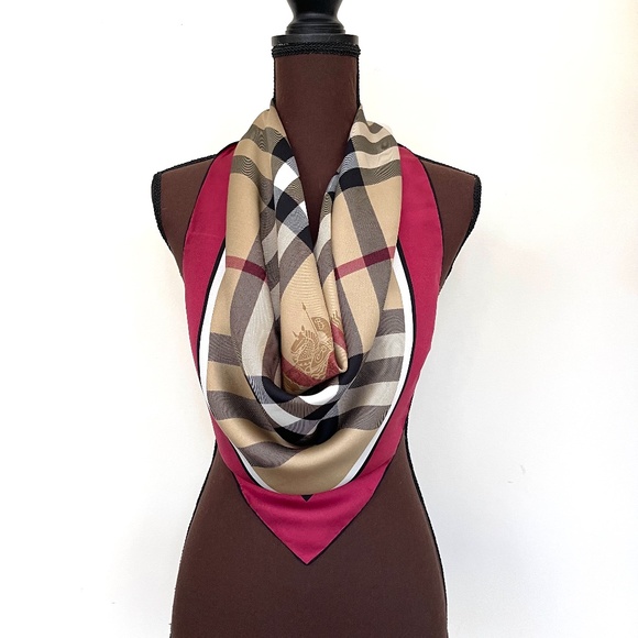 Display # 1 New Burberry Scarf Classic Check Burgundy Red Border Silk Wrap - Picture 10 of 15